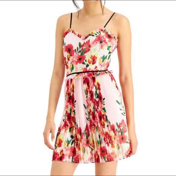Foxidox Mini Dress Size XS Spaghetti Strap Pleated Skirt Floral Pink NWT B83 - Picture 1 of 5